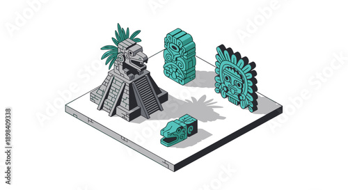 Isometric ancient mesoamerican structures with glyphs and statues