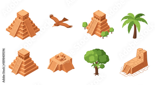 Isometric ancient mayan pyramids with nature elements and bird in flat design