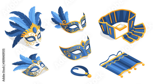 Elegant blue and gold carnival masks and accessories in isometric style