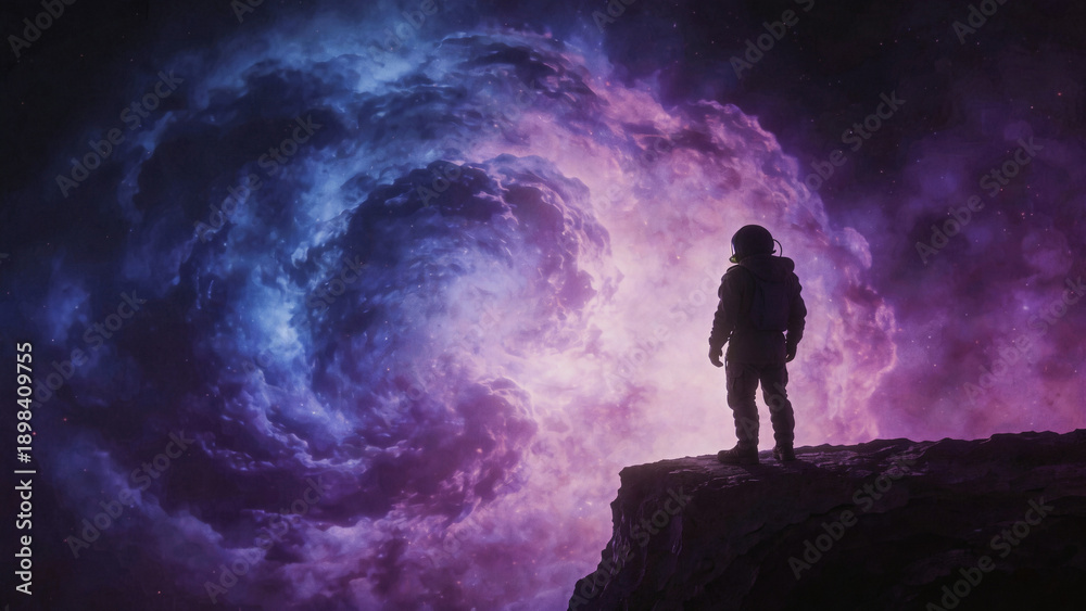 Fototapeta premium Lone astronaut silhouette standing on dark cliff edge gazing at massive glowing violet and blue nebula with high-contrast abstract gradient and heavy film grain texture. Moody atmospheric synthwave ae