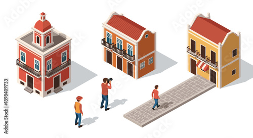 Isometric urban scene with colorful buildings and people walking on a sunny day