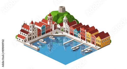 Charming coastal town with colorful buildings and boats in isometric design