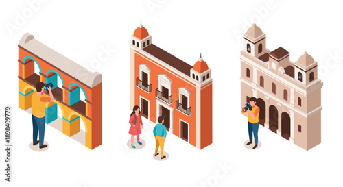Isometric urban architecture with photographers capturing historic buildings