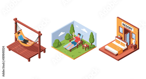 Isometric scenes of relaxation: hammock, garden, resort room