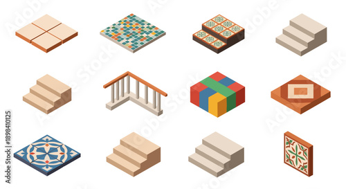 Isometric tile and stair set with geometric patterns and textures