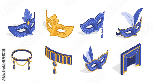 Elegant isometric masquerade accessories with masks and jewelry