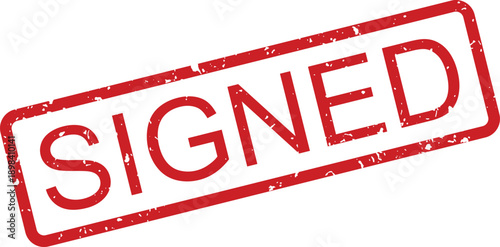 Red grunge effect rubber stamp clearly shows the word SIGNED on a crisp white background