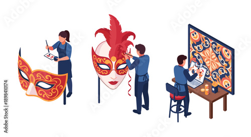 Creative process of designing ornate carnival masks in isometric style