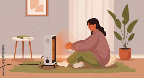 Charming cute illustration of a young woman enjoying the cozy interior warmth from a heater, designed in a flat vector style featuring comforting vintage colors, embodying a relaxing home scene
