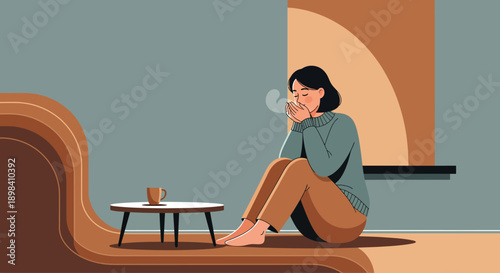 Cute illustration of a young woman enjoying a warm drink in a cozy interior with vintage colors, flat vector style