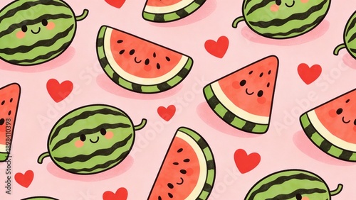 Cute Seamless Watermelon Pattern With Hearts