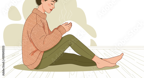 Cute illustration A young woman in a cozy interior, rendered in a flat vector style with a soothing vintage color palette, perfect for a peaceful moment