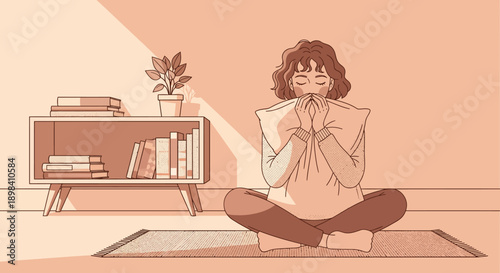 Cute illustration of a young woman in a cozy interior, enjoying a moment of peace, rendered in a charming vintage color flat vector style