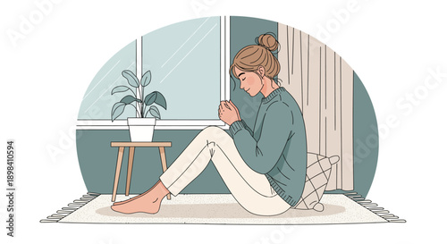 Cute illustration of a young woman in a cozy interior, flat vector with vintage colors