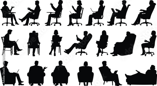 Seated people icons, chair silhouettes, posture variations, office chairs, armchairs, reading pose, laptop use, gesture icons, black silhouettes