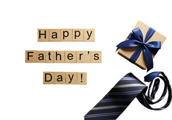 A father's day card with a tie and gift on a white background.