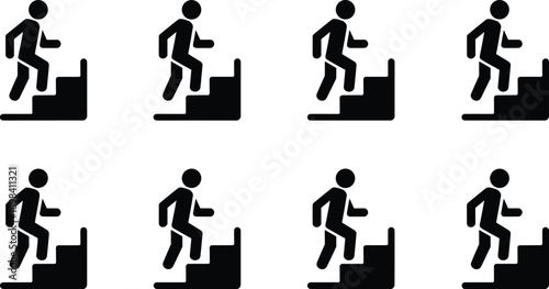 Stair climbing icon, upward movement, silhouette figure, black vector, progress symbol, accessibility graphic, minimal design, walking pose