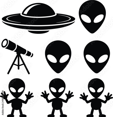 Alien and UFO silhouette icon set illustration, extraterrestrial faces flying saucer telescope, black and white science fiction vector artwork design