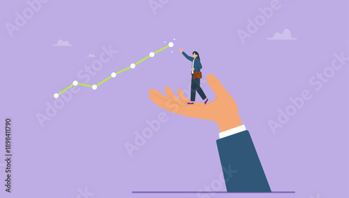 Hand helping businesswoman to reach success growing chart. 2career progress or improvement, assistance or advice, solution.
