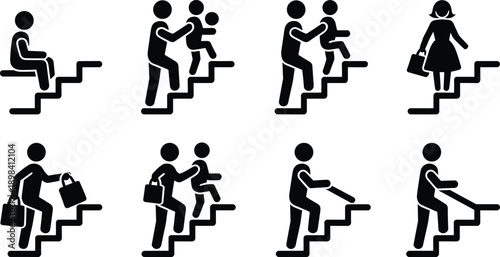 Stair icons, walking silhouettes, assistance symbols, accessibility graphics, briefcase figure, handrail use, child support, black vector, staircase interaction