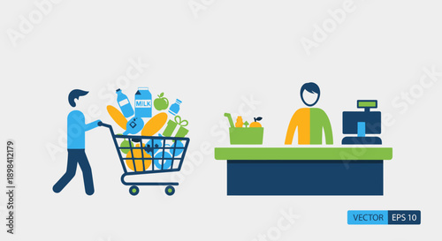 Vector illustration of a shopping cart icon filled with groceries and gift boxes for online e-commerce business website design and store sale symbol