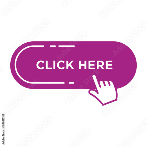 Purple rounded rectangle button with white text click here and pointing finger click here button