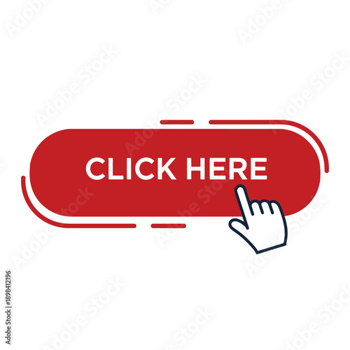 Red button with white text click here and blue outline hand cursor click here button
