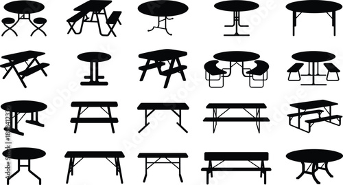 Table icons, bench silhouettes, furniture symbols, picnic table, round table, rectangular table, seating design, black vector, outdoor furniture
