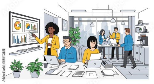 A smiling team of diverse businesspeople and executives works together at an office desk with laptops, collaborating on a project during a productive corporate meeting or training session