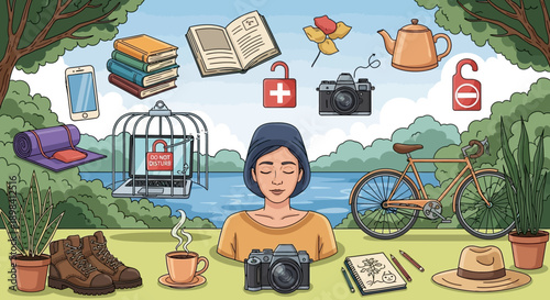 A vintage vector illustration of a retro woman and a girl in a garden near a travel vehicle on a road with artistic cartoon design symbols