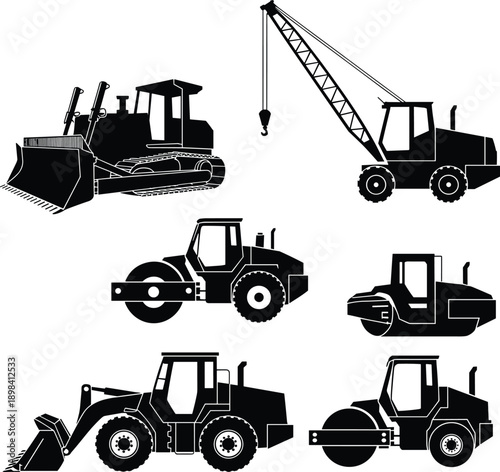 Construction machinery silhouette set illustration, heavy equipment vehicles including bulldozer crane roller loader, black and white industrial vector artwork, icons