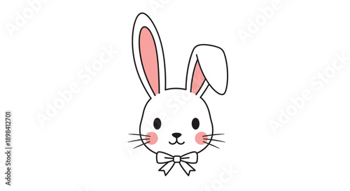 Cute white rabbit character with pink ears and rosy cheeks wearing a small bow tie on a plain white background for children and spring themes.