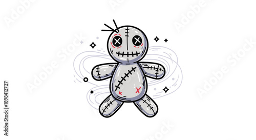Hand drawn voodoo doll character with stitches, button eyes, and pins surrounded by mystical smoke swirls and stars on a white background.