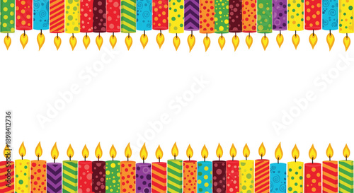 Border frame made of colorful birthday candles with various patterns and burning flames on a white background for celebration card design.