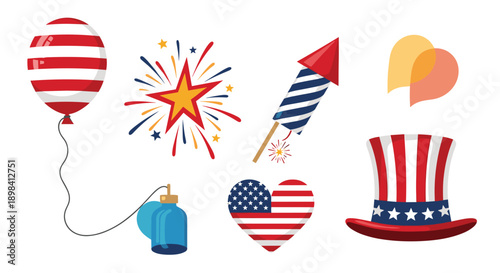 Collection of Fourth of July patriotic elements including an American flag balloon, fireworks, heart, and top hat for independence day decor.