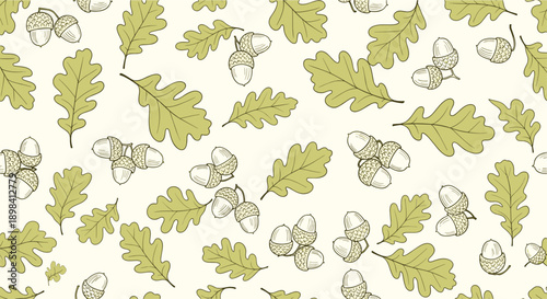 Detailed seamless pattern of hand drawn oak leaves and acorns on a light cream background for nature, autumn, and forest themed designs.