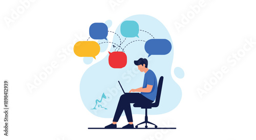 Man sitting and working on a laptop with several colorful speech bubbles above representing communication and ideas.