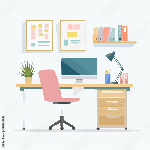 Clean and Organized Modern Office Desk Setup with Computer and Chair – Flat Vector Illustration