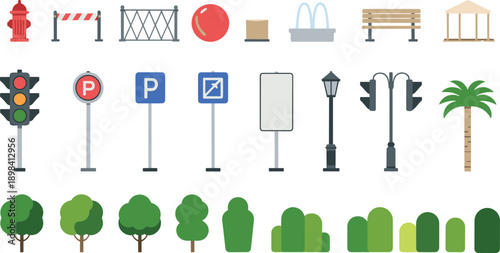 Urban icons, park elements, traffic signs, fire hydrant, parking signs, trees, bushes, street lamp, bench, gazebo, playground ball, construction barrier