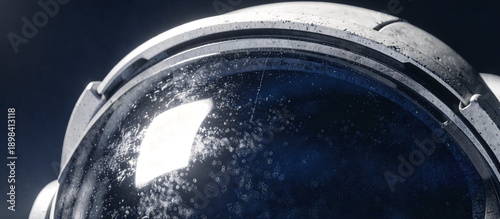 Minimalist close-up of curved glass astronaut visor with heavy film grain and stippled noise texture, featuring high-contrast monochromatic white light reflection on deep navy background, airbrushed a