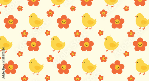 Adorable pattern of small yellow chicks and red smiling flowers on a light cream background perfect for children nursery decor or fabric.