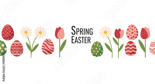 Decorative spring easter border with colorful patterned eggs tulips and daisies on a white background with text in the middle.