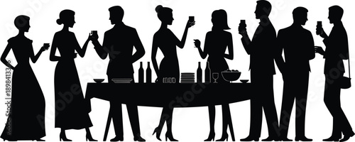 Elegant party people silhouette illustration, formal cocktail reception with drinks and table setting, social event celebration black white vector artwork