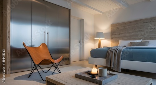 Modern Bedroom with Butterfly Chair and Stainless Steel Wardrobe.