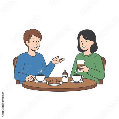 Couple enjoying coffee and croissant at a cafe table, illustration