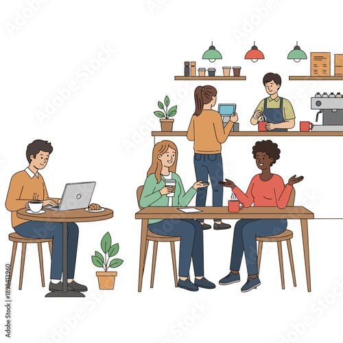 People enjoying coffee and conversation in a modern cafe with barista serving customers.