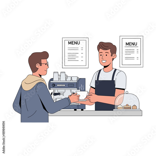 Barista serving coffee to customer at cafe counter with espresso machine and menu