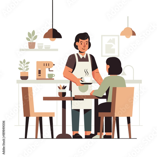 Barista serving coffee to customer in cafe, flat illustration style