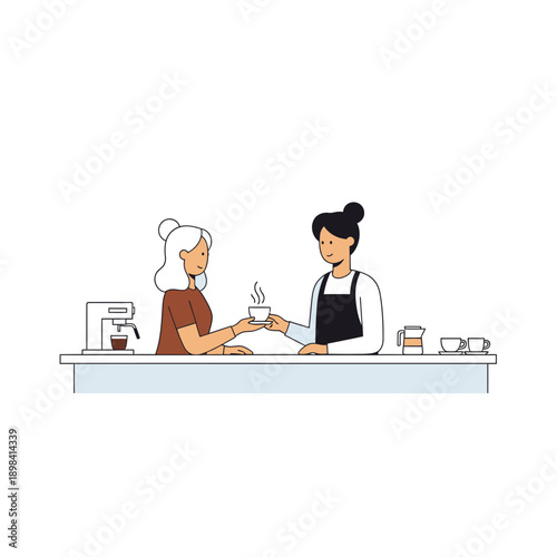 Barista serving hot coffee to customer at cafe counter, flat illustration