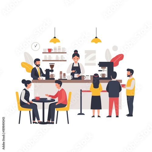 People enjoying coffee at a modern cafe with baristas serving drinks